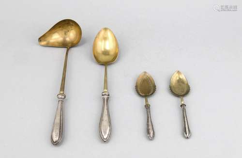 Four pieces serving cutlery, German, around 1900, silver 800/000, filled ha