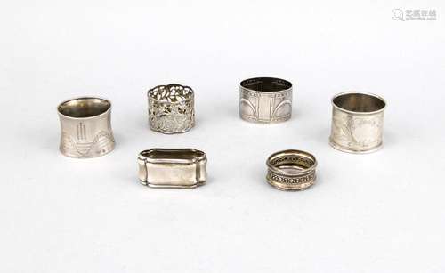 Six napkin rings, 20th century, different manufacturers, silver different f