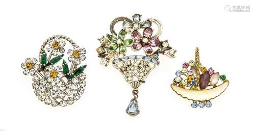 Rhinestone Brooches ''Flower Baskets'', 2 gilded, 1 silverplated, set with