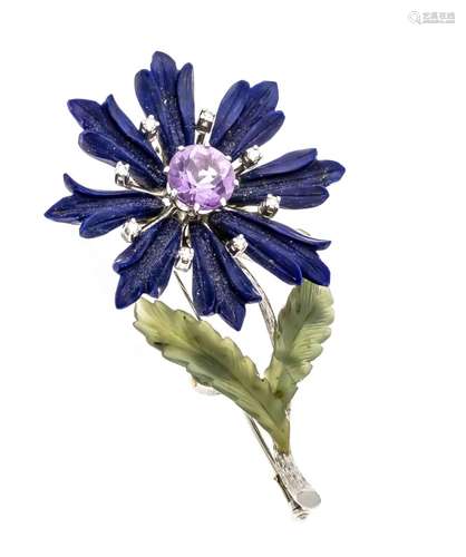 Brooch WG 585/000 with a round fac. Amethyst 9 mm in very good color, 8 dia