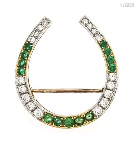 Emerald Brilliant Horseshoe Brooch GG 750/000 with 13 round fac emeralds, t