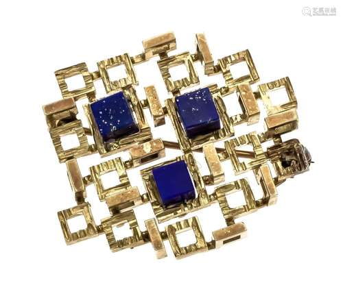 Lapis Lazuli brooch GG 585/000 with 3 lapis lazuli carrés 4 mm, L. 32 mm, 9