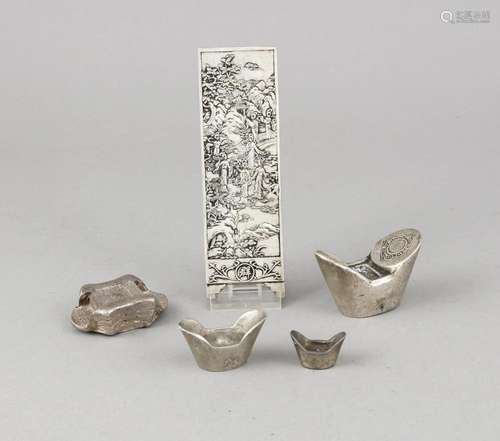 Five silver bars, China, 20th cent., different forms, partly decorated, l.