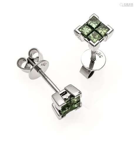 Green diamond stud earrings WG 585/000 each with 4 princess diamonds, total