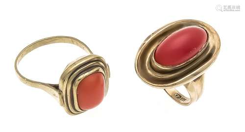 Coral rings GG 333/000 2x with coral cabochon in good color 9.5 x 7.5 mm an