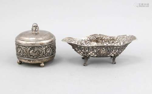 Round lidded box and oval bowl, German, various manufacturers, silver 800/0