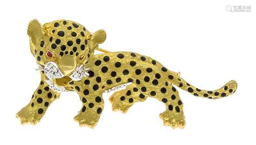 Ruby brilliant enamel brooch - Leopard GG / WG 750/000 with 18 brilliants,