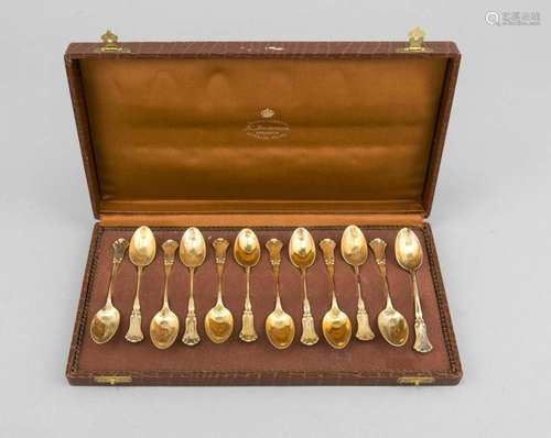 Twelve Mocha Spoons, Sweden, 1930s, marked Silver, fully Gilded, curved Sha