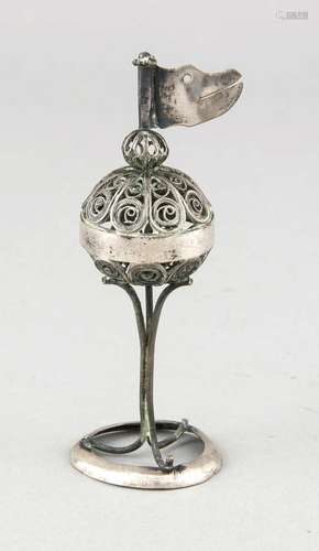 Vessel, Judaica, 20th cent., round base, spherical body, filigree work, top