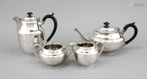 Four-piece coffee and tea set, England, 20th century, plated, round base, b