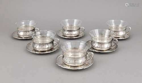 Six teacup holder with saucer, German, 20th cent., hallmarked Otto Wolter,