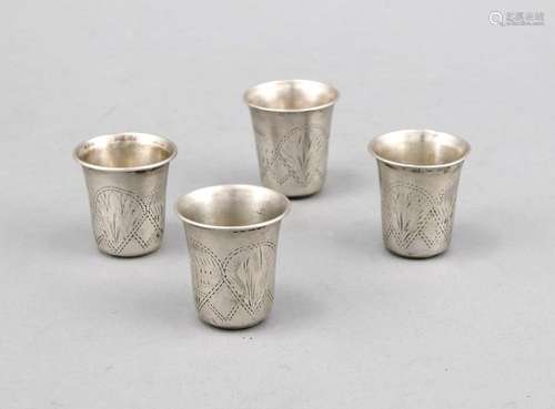 Four schnapps beakers, Austria, around 1900, silver 800/000, conical shape,