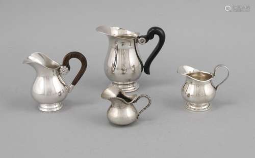 Four cream vessels, 20th century, different manufacturers, silver different