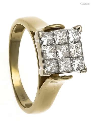 Diamond ring GG 585/000 with 9 Princess fac. Diamonds, total 0.40 ct lightl