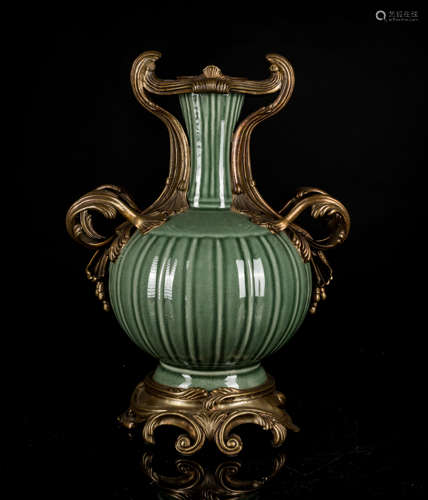 19th Antique Celadon Vase With Gilt-Bronze Mounting