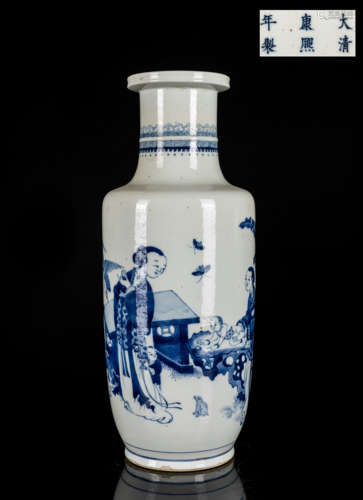 Kangxi Period Antique Blue And White Rouleau Vase