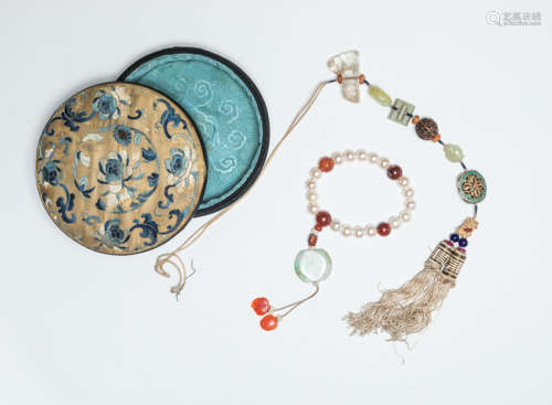 19th Embroidery Box with Antique Prayer Beads And Pendant