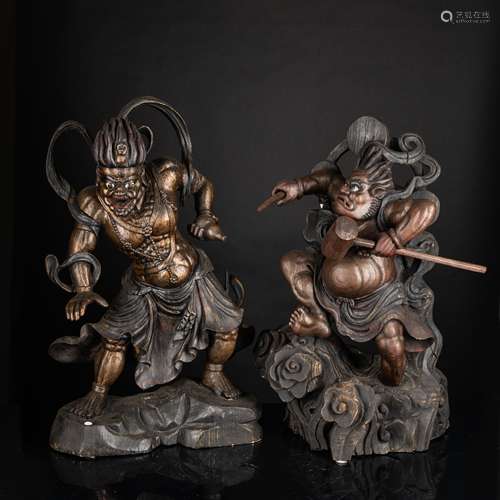 19th Meiji Period Japanese Antique Wood Sculptures