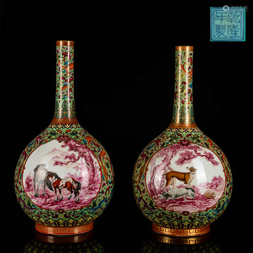 Pair of Republic Period Antique Enamel Bottle Vase