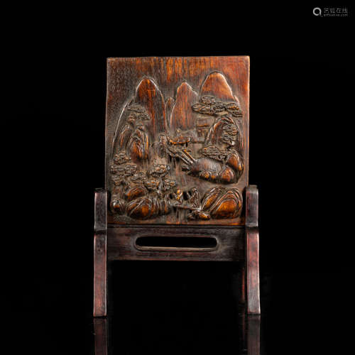 19th Antique Agarwood Carved Plaque with Rosewood Stand