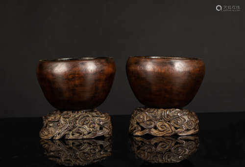 Pair Of 19th Agarwood Cups With Bases