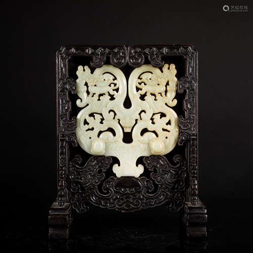 18th Antique Style Jade In Carved Zitan Stand