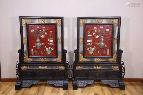 17-19TH CENTURY, A PAIR OF OLD ROSEWOOD TABLE SCREENS,QING DYNASTY