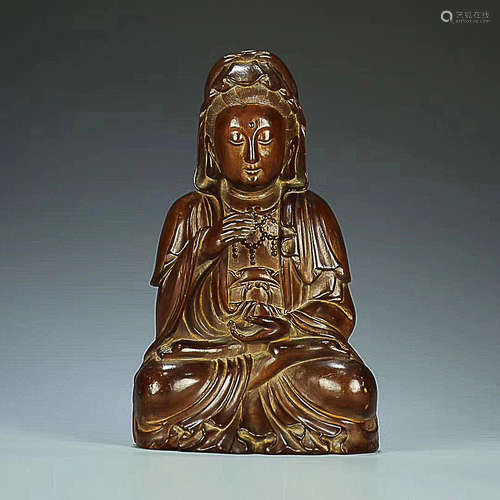 A YEW WOOD CARVING GUANYIN STATUE, QING DYNASTY