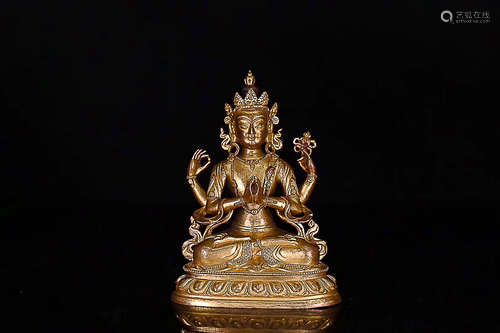 A TIBETAN BUDDHISM BRONZE GILT FOUR-ARMED GUANYIN STATUE, 18TH CENTURY