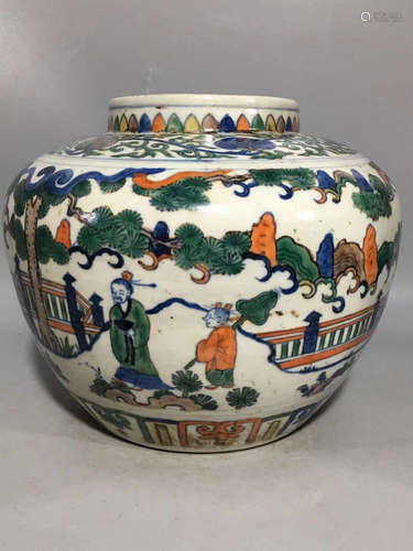 A MULTI-COLORED FIGURE STORY PATTERN JAR