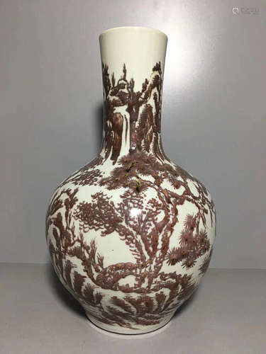 A RED GLAZED LANDSCAPE PATTERN VASE