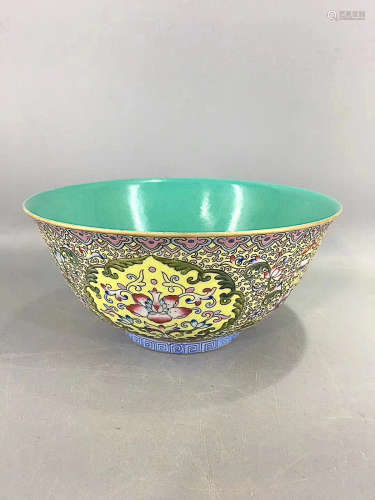 A POWDER ENAMEL BOWL WITH FLORAL DESIGN