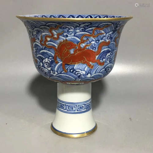 A BEAST PATTERN BLUE&WHITE RED GLAZED HIGH-HEEL BOWL