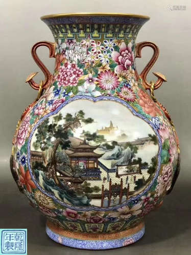 A PANEL LANDSCAPE PATTERN DOUBLE-EAR VASE