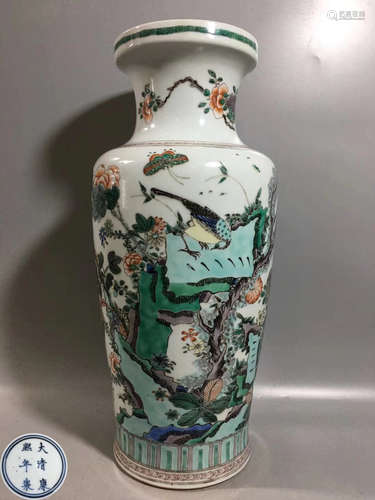 A FAMILLE-VERTE BIRD AND FLOWER BOTTLE VASE