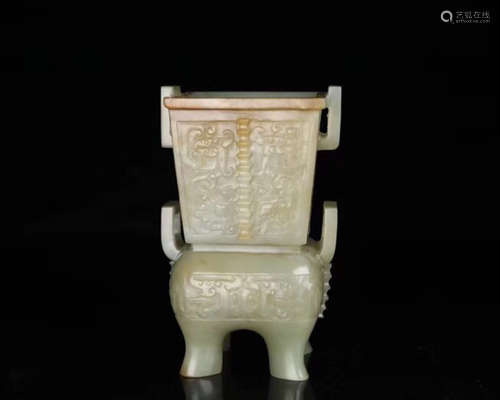 A TIBETAN HETIAN JADE CARVED DING SHAPED CENSER