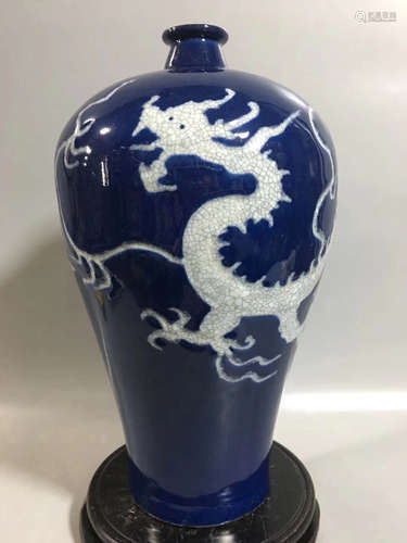 A BLUE GLAZE AND WHITE DRAGON MEI VASE