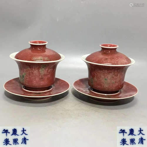 PAIR OF RED UNDERGLAZED GLAZED BOWL