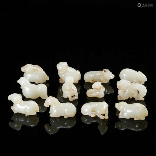 CHINESE WHITE JADE ANIMALS OF 12 ZODIACS