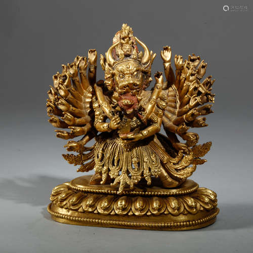 AN IMPORTANT TIBET GILT BRONZE FIGURE OF YAMANTAKA