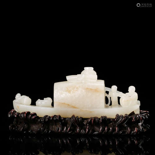 CHINESE WHITE JADE CARVED BOAT