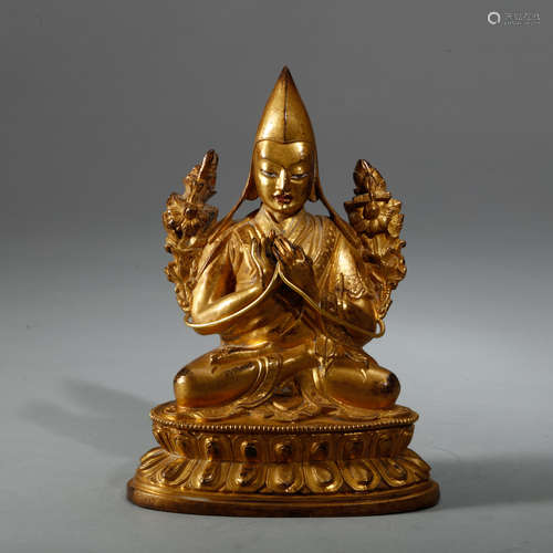 A CHINESE SINO TIBETAN GILT BRONZE FIGURE OF TSONG