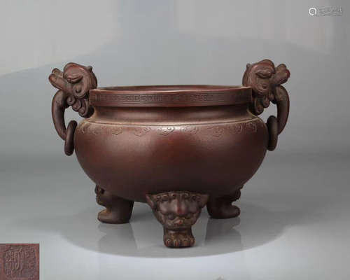 A ZISHA MOLDED TRIPOD CENSER WITH MARK