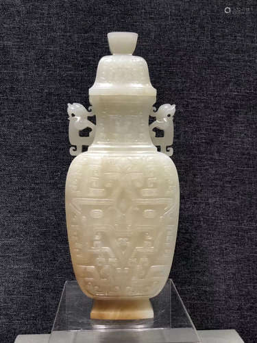 A HETIAN ZILIAO JADE CARVED BOTTLE VASE