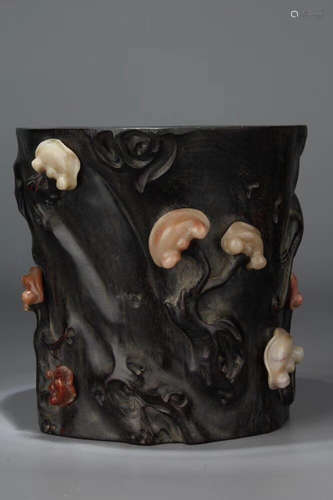 A ZITAN WOOD CARVED BRUSH POT INLAID SOAPSTONE