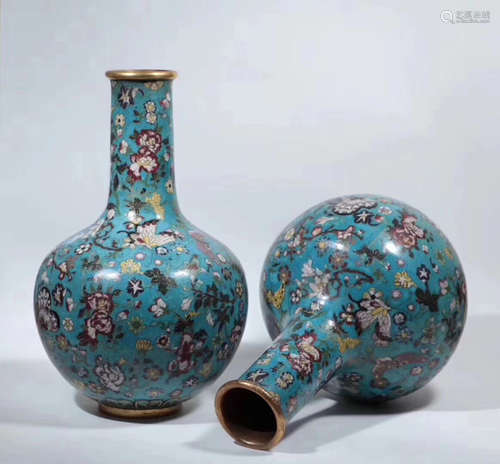 PAIR BRONZE CLOISONNE TIANQIU VASES