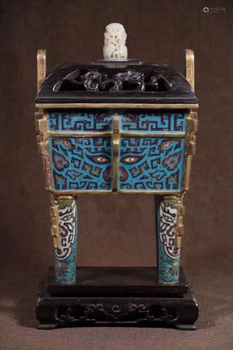 A BRONZE CLOISONNE DING SHAPED CENSER