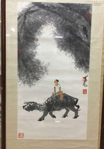 FRAMED CHINESE SCROLL PAINTING OF COWBOY ON OX