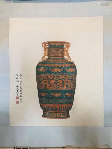 CHINESE SCROLL PAINTING OF BRONZE VASE