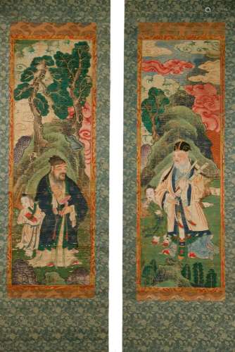 PAIR OF CHINESE SCROLL PAINTINGS OF IMMOTRALS IN MOUNTAIN